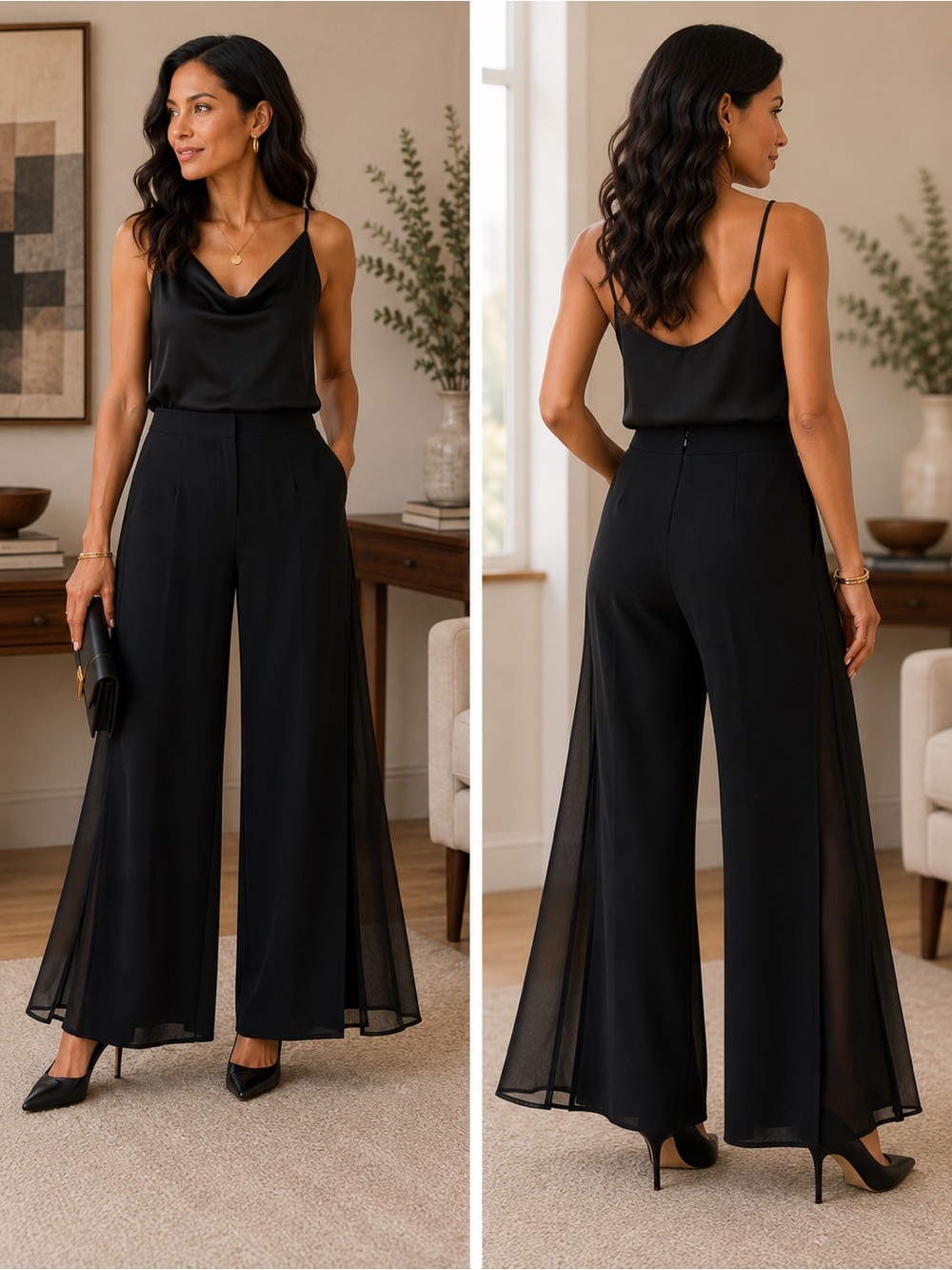 Joseph Ribkoff Black Chiffon Overlay Wide Leg Pants Size 30 Waist Elegant